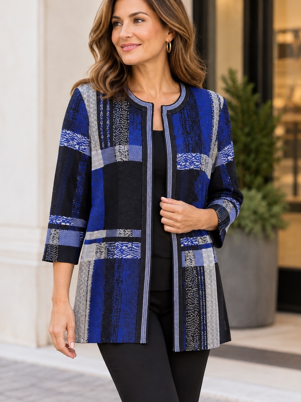 MISOOK Geometric Knit Jacket Blue Black Gray 3/4 Sleeve Open Front Cardigan